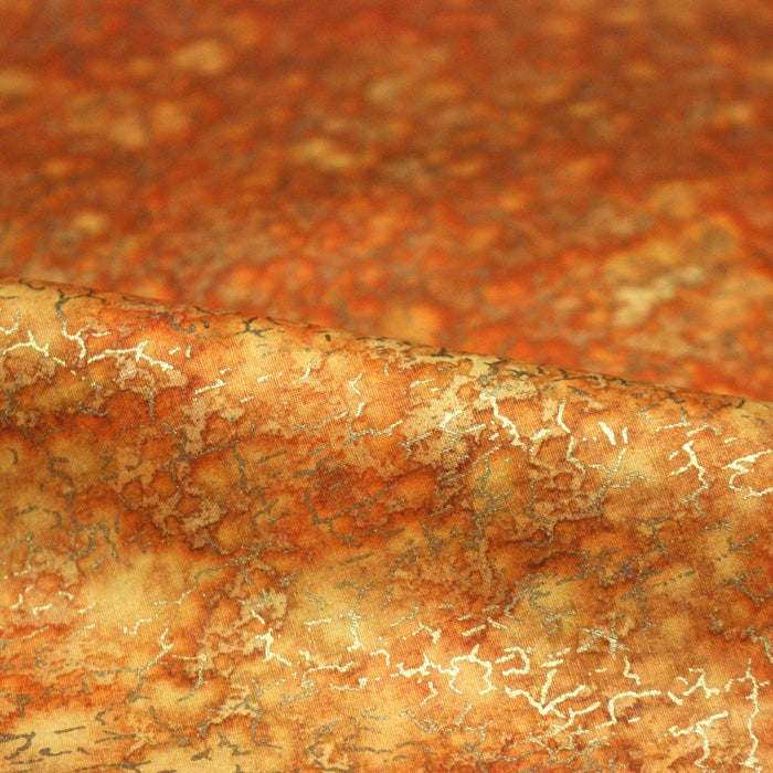 Tissu cotonnade faux-uni orange & craquelé doré - MADE IN INDIA