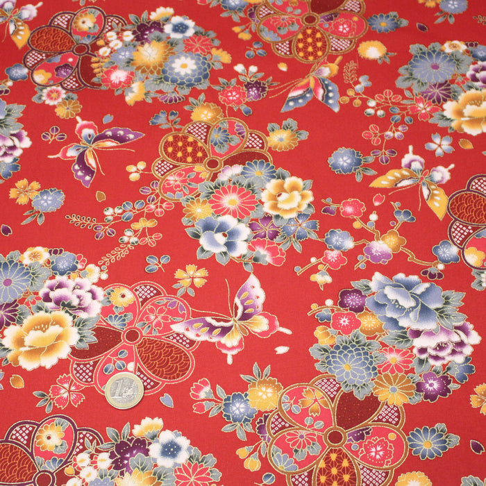 Tissu cotonnade japonais rouges aux fleurs multicolores et dorées - COLLECTION JAPON DORÉ