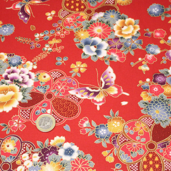 Tissu cotonnade japonais rouges aux fleurs multicolores et dorées - COLLECTION JAPON DORÉ