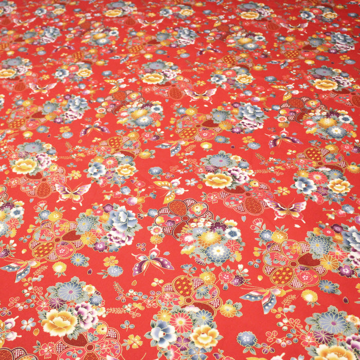 Tissu cotonnade japonais rouges aux fleurs multicolores et dorées - COLLECTION JAPON DORÉ