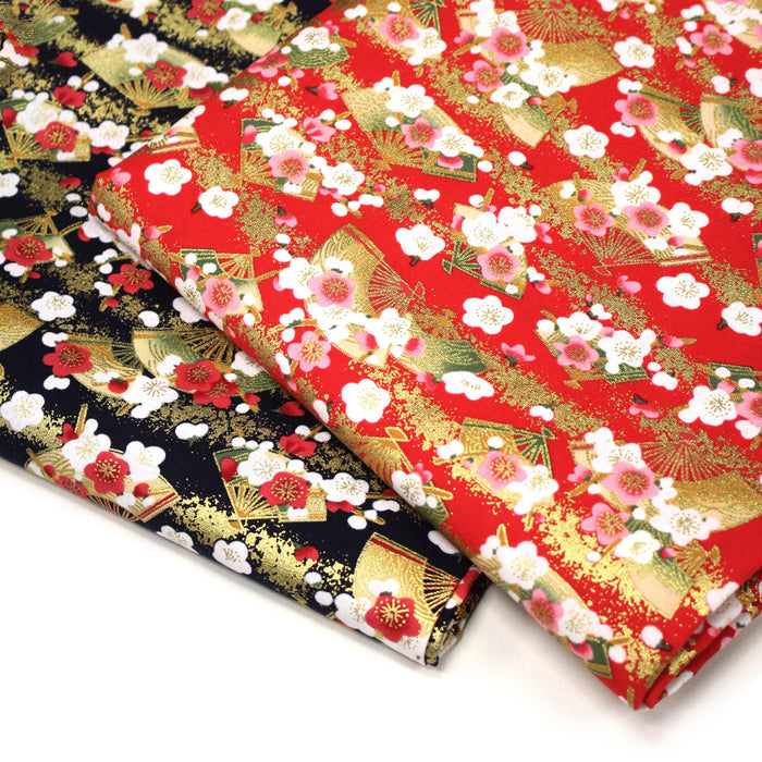 Tissu cotonnade éventails japonais dorés & fleurs sakura : bleu ou rouge - COLLECTION JAPON DORÉ