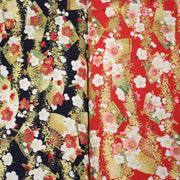 Tissu cotonnade éventails japonais dorés & fleurs sakura : bleu ou rouge - COLLECTION JAPON DORÉ - TissusPapi.com