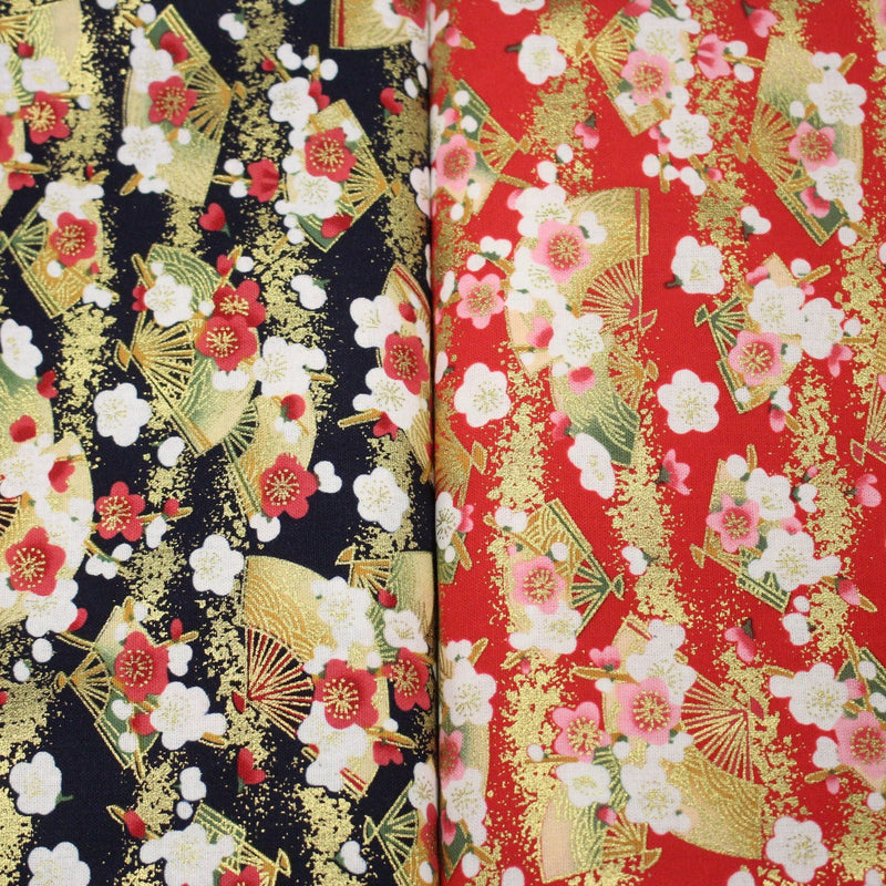 Tissu cotonnade éventails japonais dorés & fleurs sakura : bleu ou rouge - COLLECTION JAPON DORÉ - TissusPapi.com