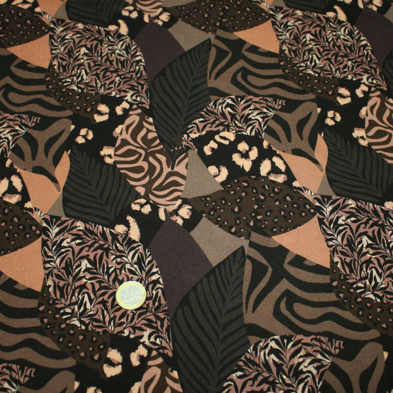 Tissu Viscose fluide motifs géométriques, taupe, noir et chocolat, KAROO - STANDARD 100 OEKO - TEX - TissusPapi.com