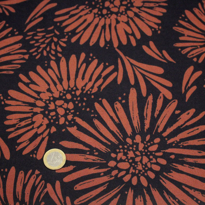 Tissu Viscose fluide noir aux grandes fleurs rouille, AUDREY - STANDARD 100 OEKO-TEX