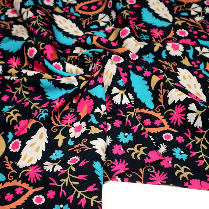 Tissu Viscose fluide noir, fleuri rose canard rouille écru, ALIO - STANDARD 100 OEKO - TEX - TissusPapi.com
