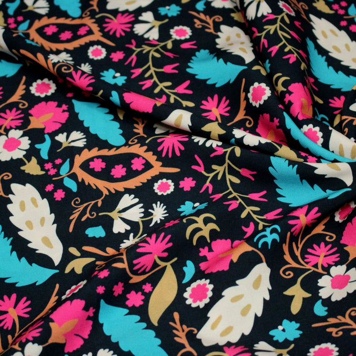 Tissu Viscose fluide noir, fleuri rose canard rouille écru, ALIO - STANDARD 100 OEKO-TEX