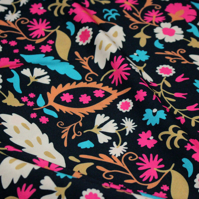 Tissu Viscose fluide noir, fleuri rose canard rouille écru, ALIO - STANDARD 100 OEKO-TEX