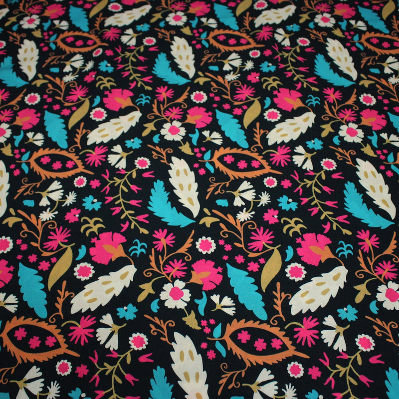 Tissu Viscose fluide noir, fleuri rose canard rouille écru, ALIO - STANDARD 100 OEKO - TEX - TissusPapi.com
