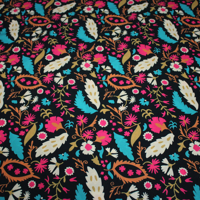 Tissu Viscose fluide noir, fleuri rose canard rouille écru, ALIO - STANDARD 100 OEKO-TEX
