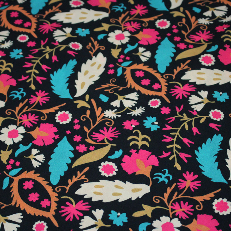 Tissu Viscose fluide noir, fleuri rose canard rouille écru, ALIO - STANDARD 100 OEKO - TEX - TissusPapi.com