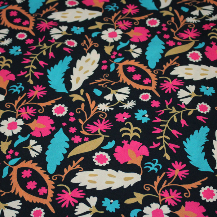 Tissu Viscose fluide noir, fleuri rose canard rouille écru, ALIO - STANDARD 100 OEKO-TEX