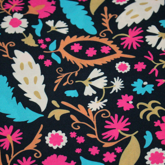 Tissu Viscose fluide noir, fleuri rose canard rouille écru, ALIO - STANDARD 100 OEKO-TEX
