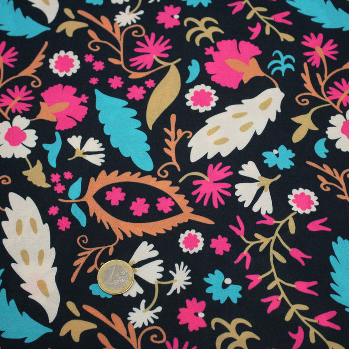 Tissu Viscose fluide noir, fleuri rose canard rouille écru, ALIO - STANDARD 100 OEKO-TEX