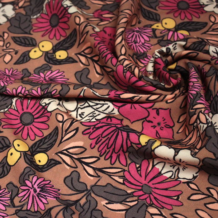 Tissu Viscose fluide, fleurs dessinées roses corail jaune, SONJA - STANDARD 100 OEKO-TEX