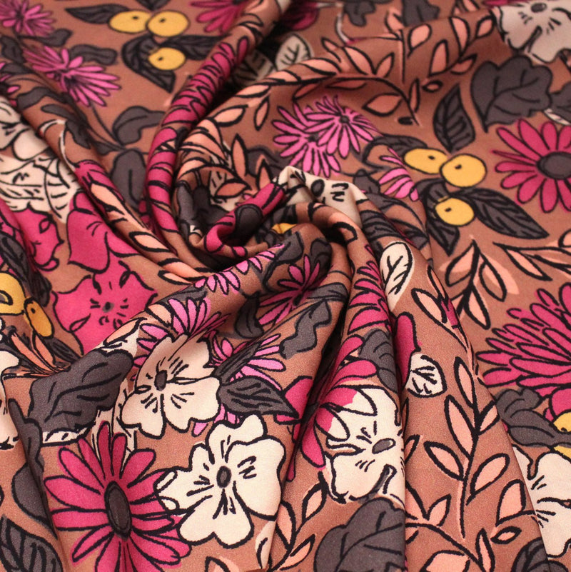 Tissu Viscose fluide, fleurs dessinées roses corail jaune, SONJA - STANDARD 100 OEKO - TEX - TissusPapi.com