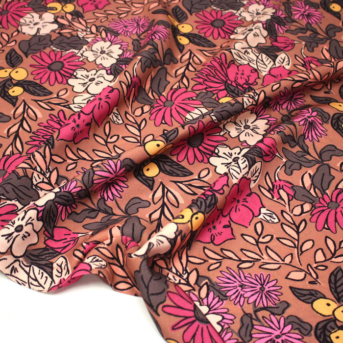 Tissu Viscose fluide, fleurs dessinées roses corail jaune, SONJA - STANDARD 100 OEKO-TEX