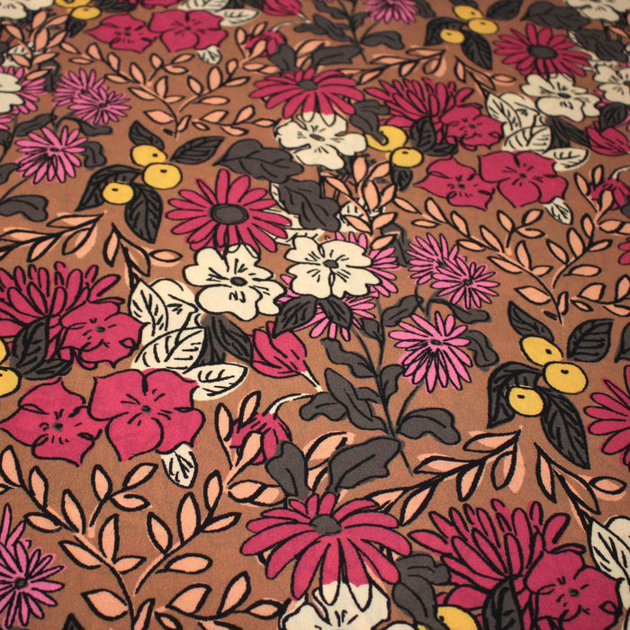 Tissu Viscose fluide, fleurs dessinées roses corail jaune, SONJA - STANDARD 100 OEKO-TEX