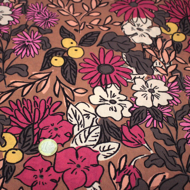 Tissu Viscose fluide, fleurs dessinées roses corail jaune, SONJA - STANDARD 100 OEKO - TEX - TissusPapi.com
