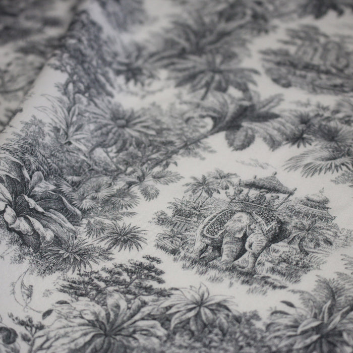 Tissu viscose fluide Toile de Jouy gris & écru, illustration indienne, maharaja, tigres et éléphants - OEKO-TEX