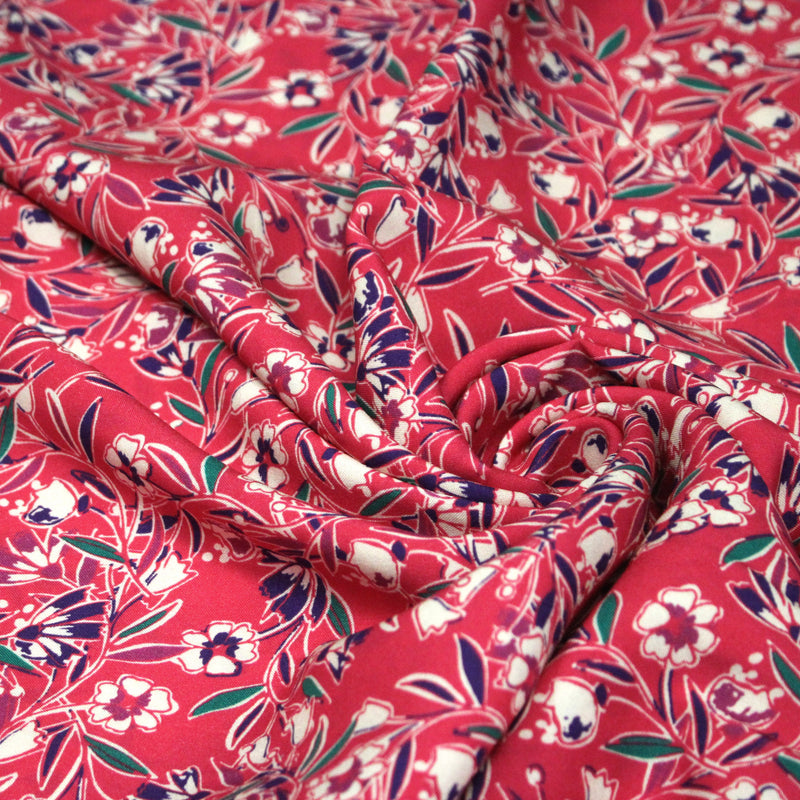 Tissu Viscose fluide fuchsia, fines fleurs blanches et violettes, GALBIA - STANDARD 100 OEKO - TEX - TissusPapi.com