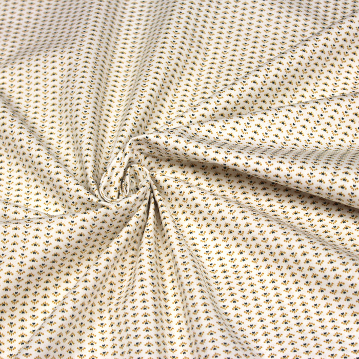 Tissu de coton blanc aux fines fleurs géométriques jaune moutarde et vert empire - OEKO-TEX®