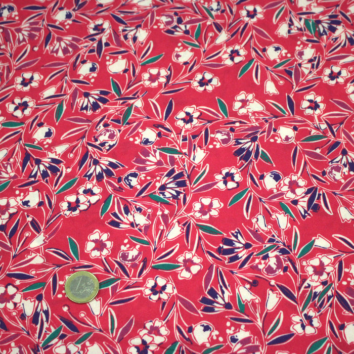 Tissu Viscose fluide fuchsia, fines fleurs blanches et violettes, GALBIA - STANDARD 100 OEKO-TEX