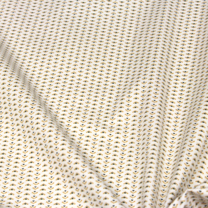 Tissu de coton blanc aux fines fleurs géométriques jaune moutarde et vert empire - OEKO-TEX®