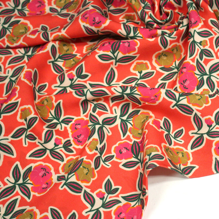 Tissu Viscose fluide corail, fleuri vert et rose, écru, GALBIA - STANDARD 100 OEKO-TEX