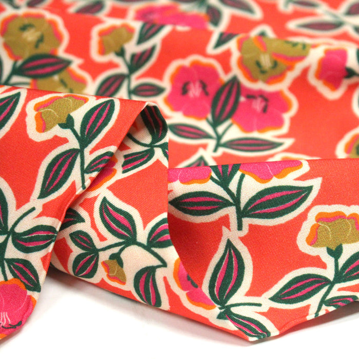 Tissu Viscose fluide corail, fleuri vert et rose, écru, GALBIA - STANDARD 100 OEKO-TEX
