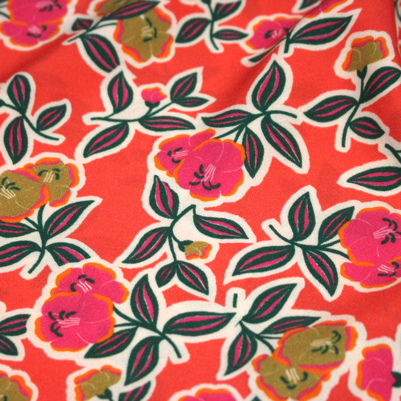 Tissu Viscose fluide corail, fleuri vert et rose, écru, GALBIA - STANDARD 100 OEKO - TEX - TissusPapi.com