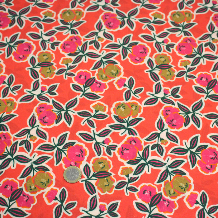 Tissu Viscose fluide corail, fleuri vert et rose, écru, GALBIA - STANDARD 100 OEKO-TEX