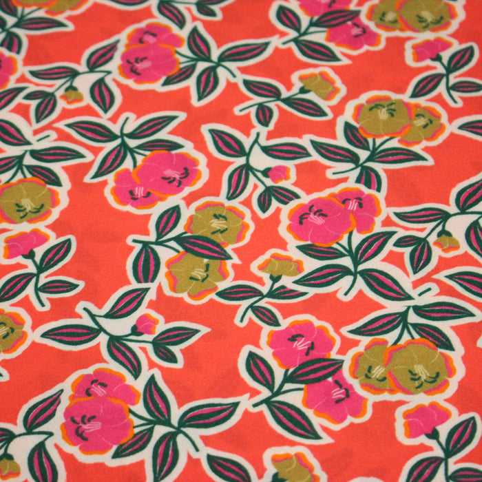 Tissu Viscose fluide corail, fleuri vert et rose, écru, GALBIA - STANDARD 100 OEKO-TEX