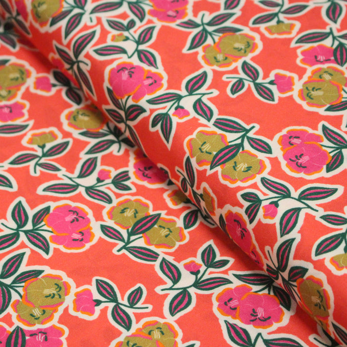 Tissu Viscose fluide corail, fleuri vert et rose, écru, GALBIA - STANDARD 100 OEKO-TEX