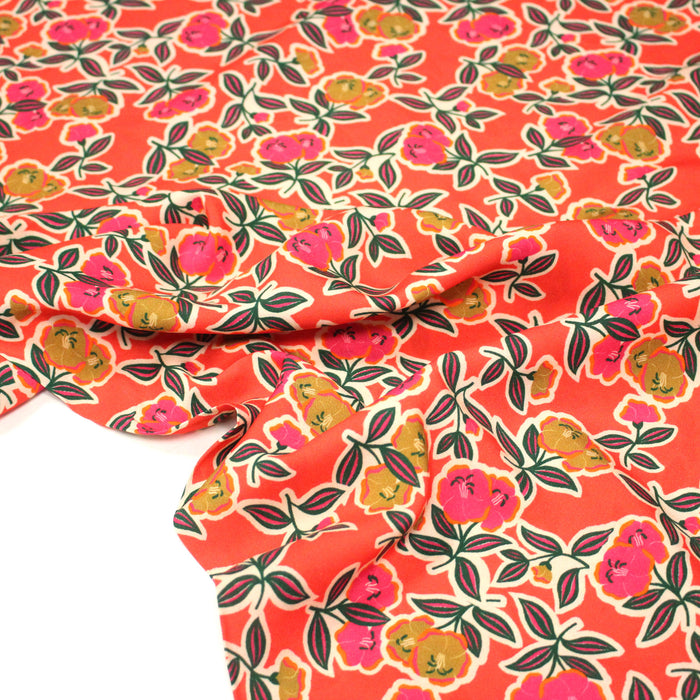 Tissu Viscose fluide corail, fleuri vert et rose, écru, GALBIA - STANDARD 100 OEKO-TEX
