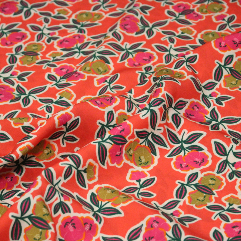 Tissu Viscose fluide corail, fleuri vert et rose, écru, GALBIA - STANDARD 100 OEKO - TEX - TissusPapi.com