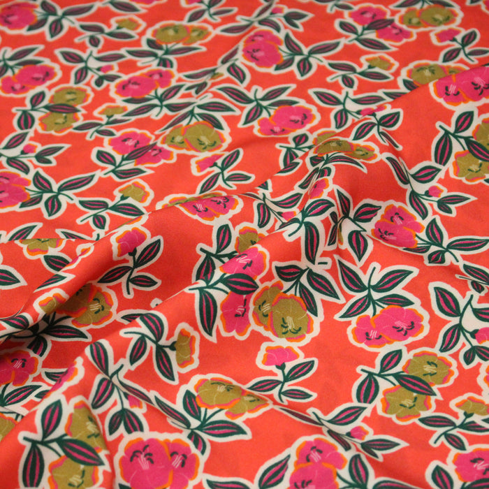 Tissu Viscose fluide corail, fleuri vert et rose, écru, GALBIA - STANDARD 100 OEKO-TEX
