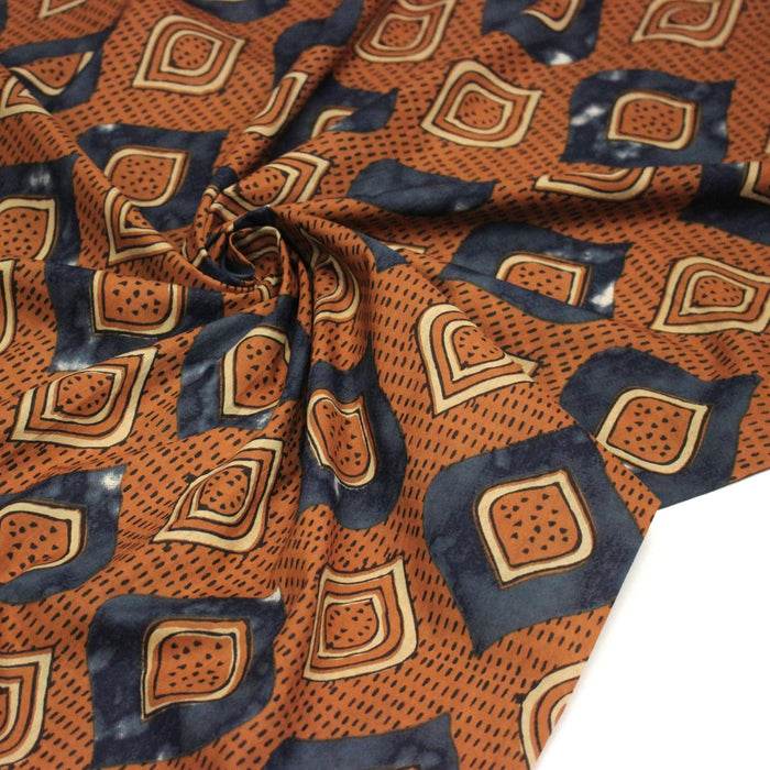 Tissu coton fin imprimé INDIENNES, losanges ocres et bleus - STANDARD 100 OEKO - TEX - TissusPapi.com