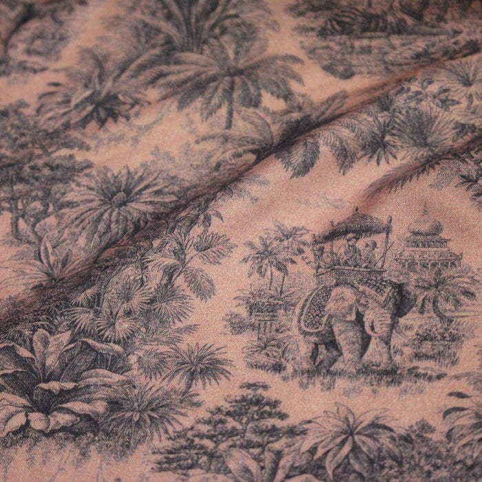 Tissu viscose fluide Toile de Jouy rose & bleu, illustration indienne, maharaja, tigres et éléphants - OEKO-TEX