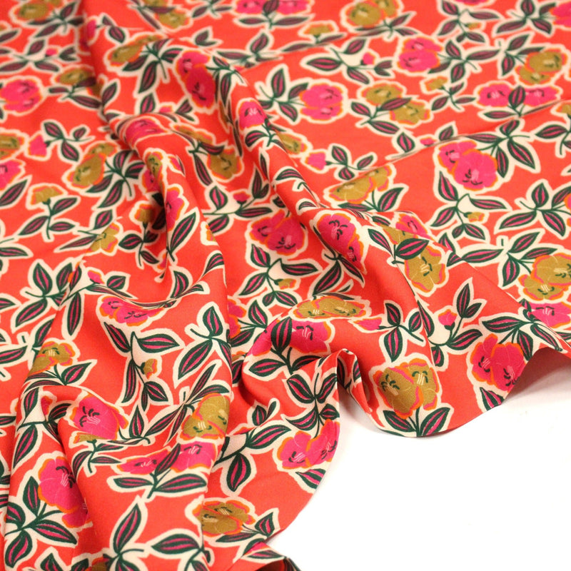 Tissu Viscose fluide corail, fleuri vert et rose, écru, GALBIA - STANDARD 100 OEKO - TEX - TissusPapi.com