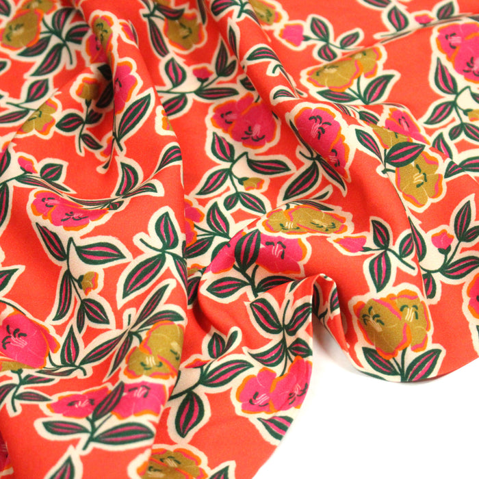 Tissu Viscose fluide corail, fleuri vert et rose, écru, GALBIA - STANDARD 100 OEKO-TEX