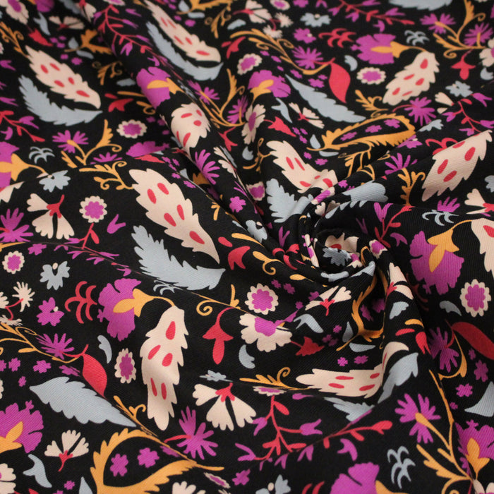 Tissu velours milleraies imprimé noir aux fleurs roses oranges - STANDARD 100 OEKO-TEX
