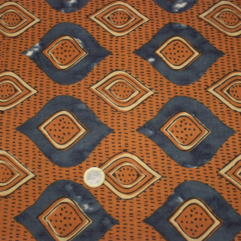 Tissu coton fin imprimé INDIENNES, losanges ocres et bleus - STANDARD 100 OEKO - TEX - TissusPapi.com