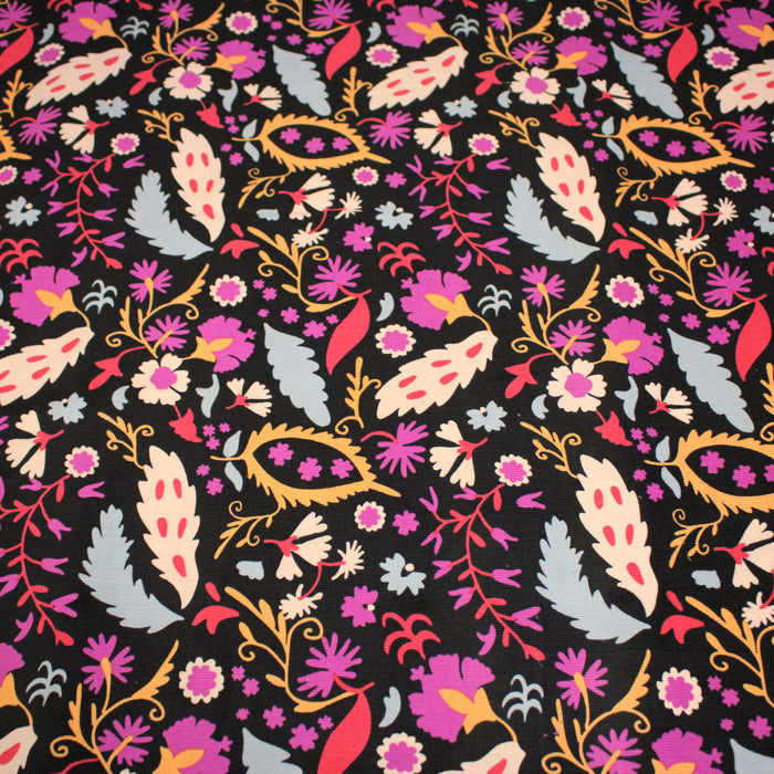 Tissu velours milleraies imprimé noir aux fleurs roses oranges - STANDARD 100 OEKO-TEX