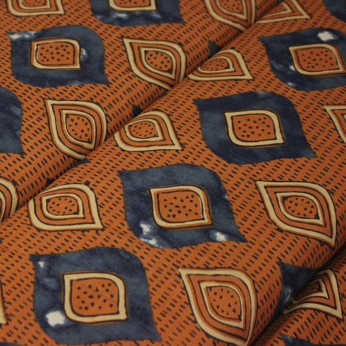 Tissu coton fin imprimé INDIENNES, losanges ocres et bleus - STANDARD 100 OEKO - TEX - TissusPapi.com