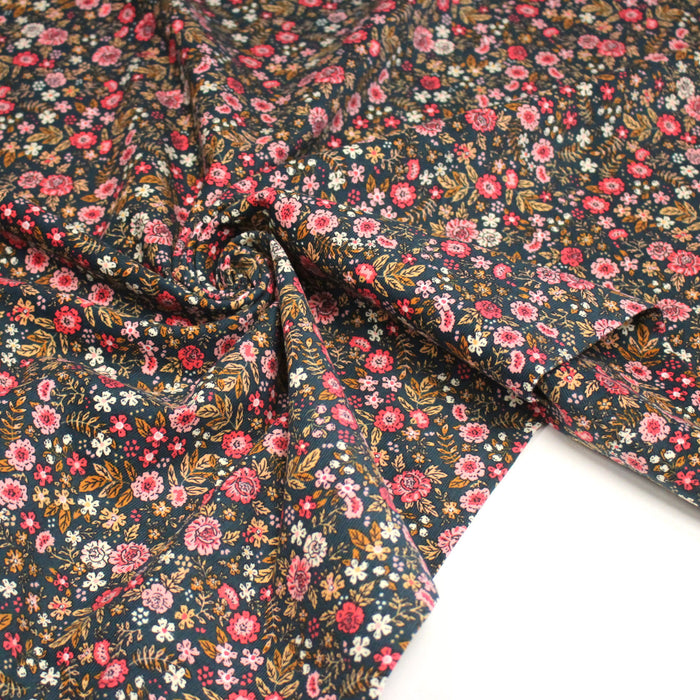 Tissu velours milleraies imprimé canard aux fines fleurs roses - STANDARD 100 OEKO-TEX