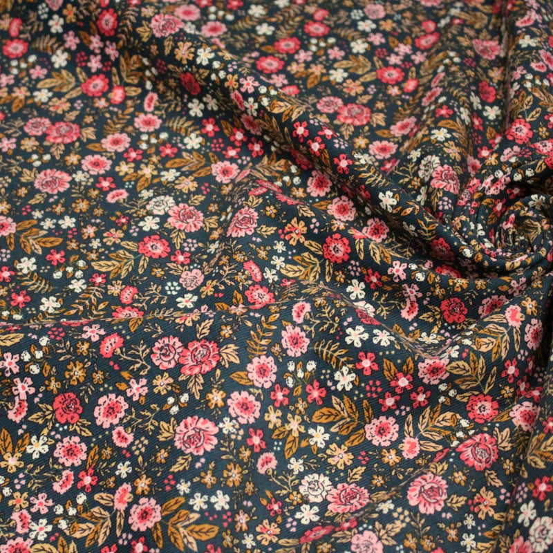Tissu velours milleraies imprimé canard aux fines fleurs roses - STANDARD 100 OEKO - TEX - TissusPapi.com
