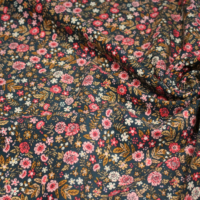Tissu velours milleraies imprimé canard aux fines fleurs roses - STANDARD 100 OEKO-TEX