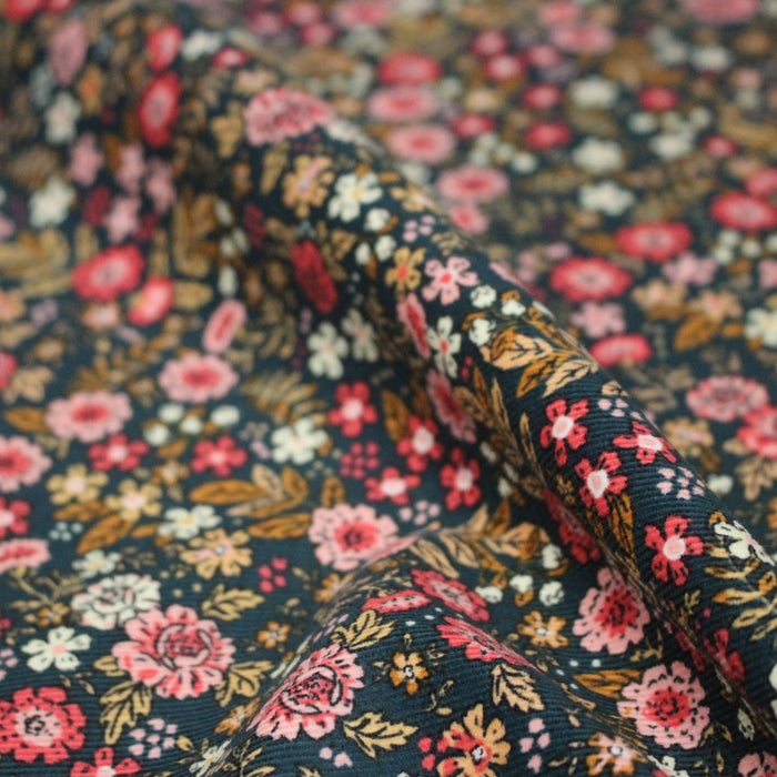 Tissu velours milleraies imprimé canard aux fines fleurs roses - STANDARD 100 OEKO-TEX