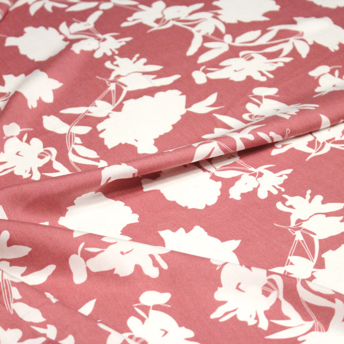 Tissu Viscose fluide rose indien aux fleurs blanches